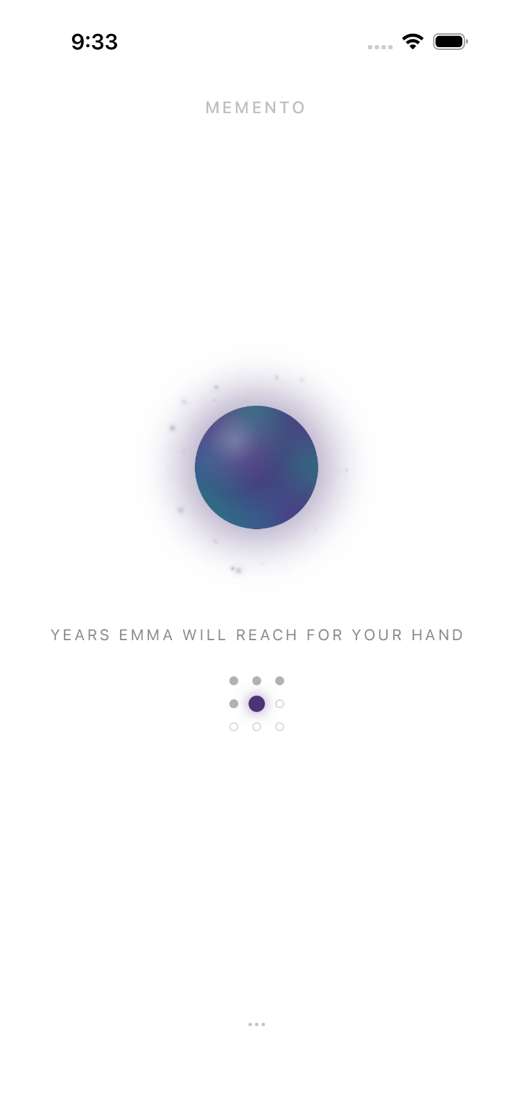 Memento on iPhone: the Orb above a life calendar counting the years Emma will reach for your hand.